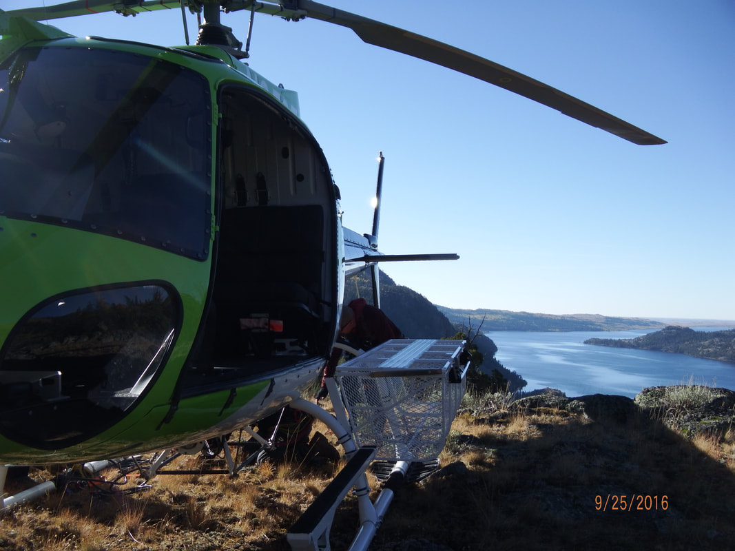 Helicopter in foreground with a mountain lake in the background.